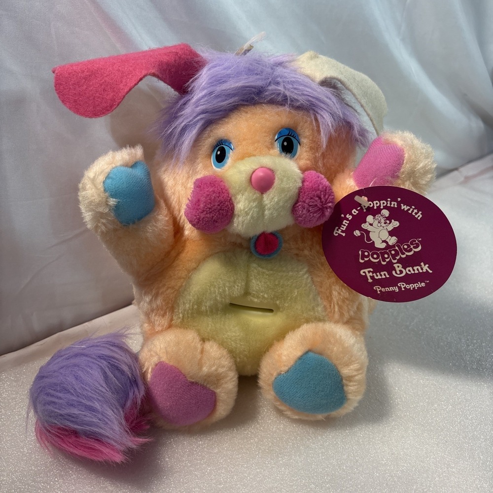 1986 Popples Penny Popple 9" Plush Bank Pink Purple w/ Stopper And Tag